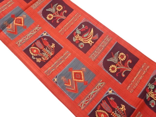 JAPANESE FUKURO OBI / WOVEN ABSTRACT FLOWER & BIRD